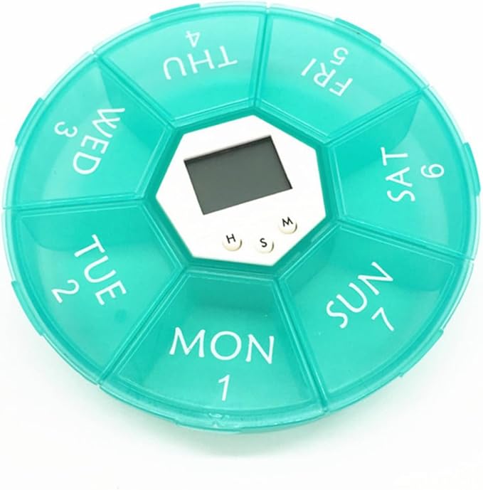 Mikinona Compartment Electronic Alarm Clock Medicine Reminder Box with See-Through Lids Daily Alarms Portable Weekly Pill Organizer for Patients Green English Edition