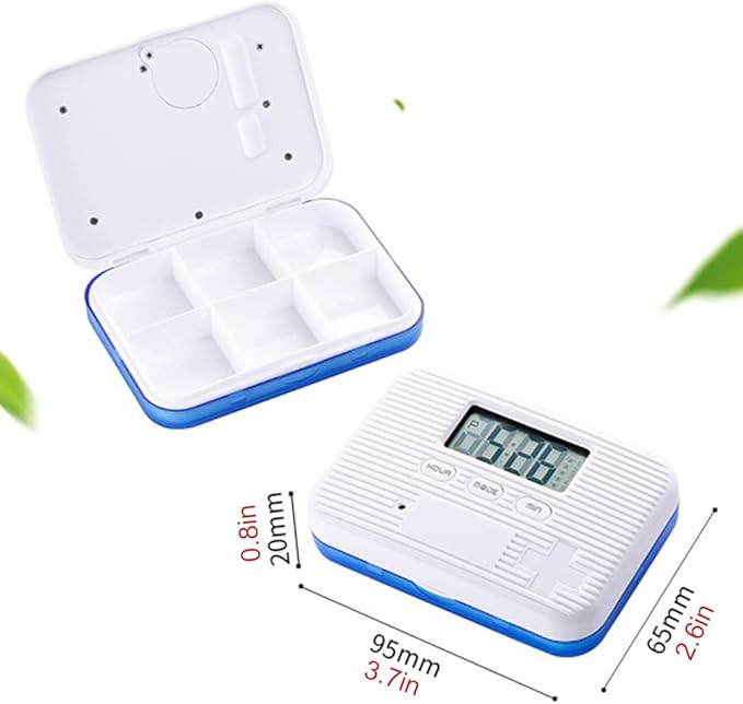 Dispenser with Alarm Electronic Organizer with LCD Display 6 Compartments Reminder Outdoor Portable Mini Box with Alarm (Blue)