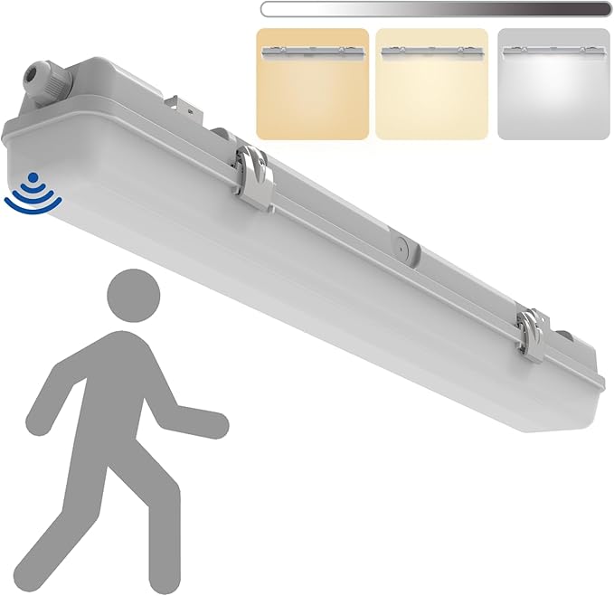 2FT LED Vapor Tight Light with Tri-Level Motion Sensor, IP65 IK08, 10W(1250lm)/20W(2500lm), 3/4/5000K CCT, 100-277V, Dimmable, Outdoor Waterproof Shop Light, Vapor Proof Lighting Fixture, FCC