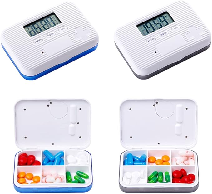 Dispenser with Alarm Electronic Organizer with LCD Display 6 Compartments Reminder Outdoor Portable Mini Box with Alarm (Gray)
