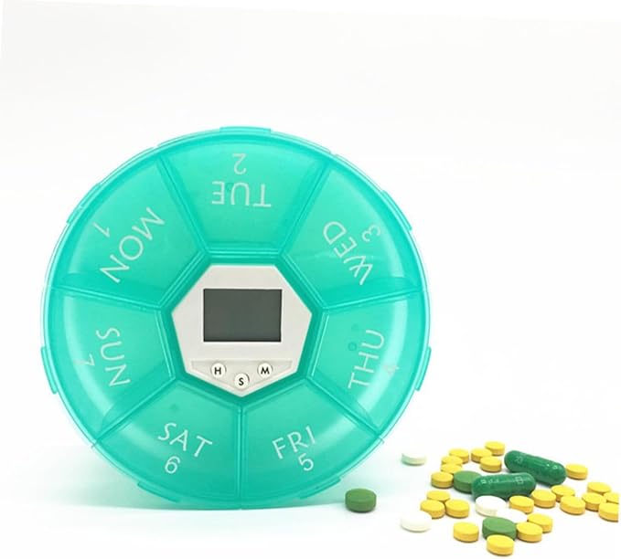 Electronic Medicine Organizer with Alarm Clock Reminder Portable Weekly Pill Box for Patients Easy-Read Day Labels Transparent Lids Green