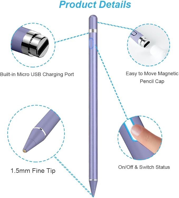 DOGAIN Active Stylus Pen for Touchscreen, iPad Pencil 1.5mm Fine Point Pen, Digital Pens Rechargeable for Tablet, Stylus Pens Compatible with iPad Air/Mini/Pro/Android/iPhone and Most Device - Purple