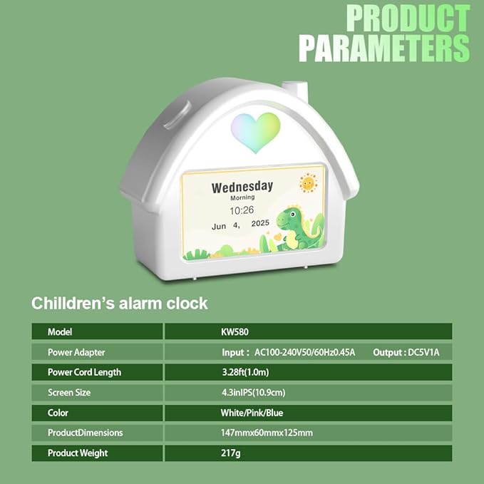 Kids Alarm Clock with 4.3'' HD Digital Screen, Calendar Countdown Ambient Lighting White Noise Remote Control Function Perfect for Kids