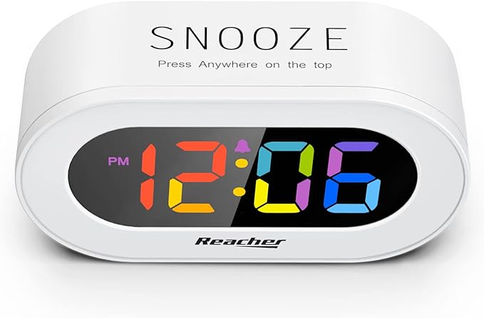 REACHER Small Colorful LED Digital Alarm Clock with Snooze, Simple to Operate, Full Range Brightness Dimmer, Adjustable Alarm Volume, Outlet Powered Compact Clock for Bedrooms, Bedside, Desk, Shelf
