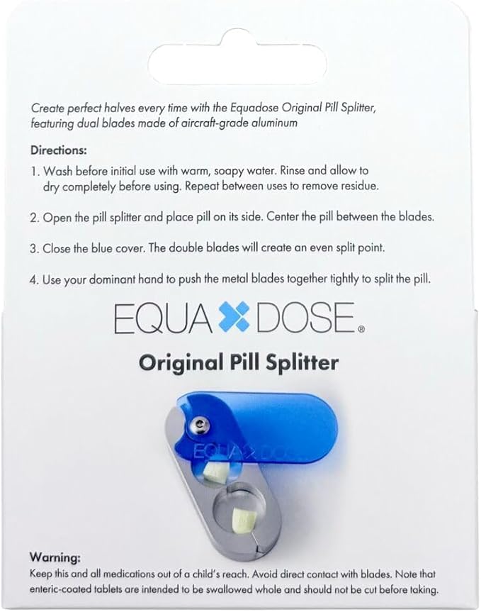 EQUADOSE Pill Splitter with Precision Aluminum Blades, Safely and Cleanly Cuts Small and Large Tablets, Vitamins, and Pills, Easy Tablet Divider for Accurate Medication Dosing