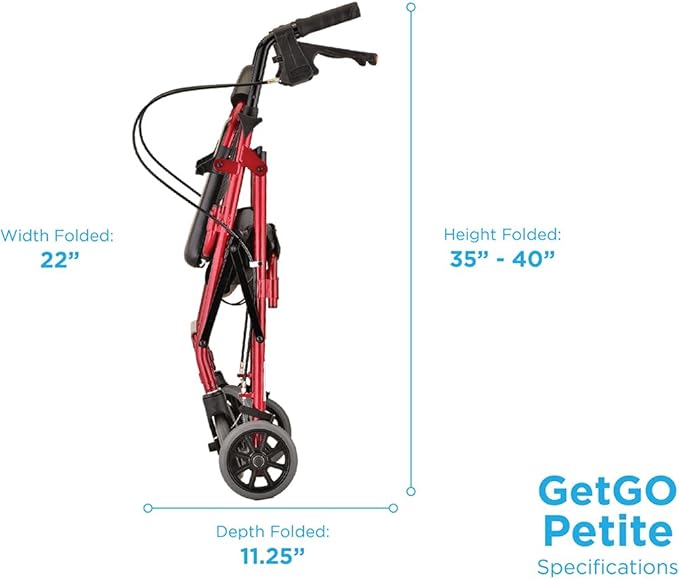 NOVA GetGo Petite Narrow Rollator Walker for Seniors, Lightweight Folding Rolling Walker with Seat, Lock N Load for Easy Transport & Storage, Adjustable Fit 4'10"–5'4", Red
