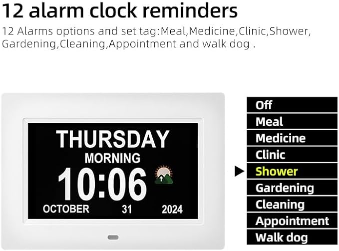 Digital Alarm Clock, Multiple Alarm Functions, Clock with Date and Day, Digital Alarm and Electronic Calendar for Seniors (White, 7 inch) (7-inch White)