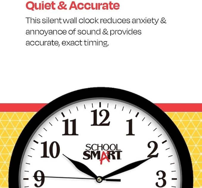 School Smart Silent Movement Wall Clock, 13 Inches, White Dial and Black Frame - SSG-0004