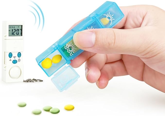 Fomiyes 7 Day Timed Medicine Box with Alarm Reminder 28 Grids Compartments Removable Timer Backlight Weekly Pill Organizer for Vitamins and Pills 7.48 * 4.13 * 0.98inch