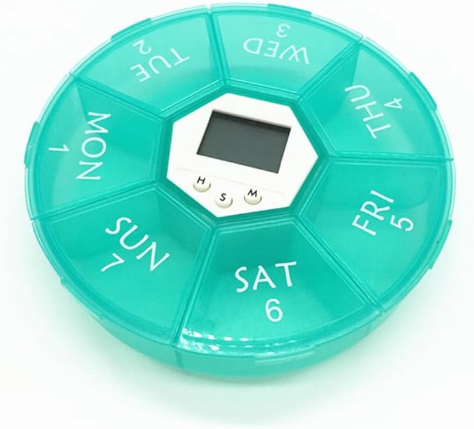 7-Compartment Electronic Alarm Pill Box, Portable Medication Reminder Organizer for Patients, Green Weekly Pill Container with Timer for Daily Medicine Management