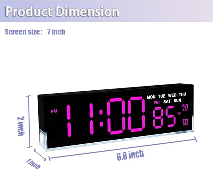 JENLYSTIME 7 Inch LED Digital Alarm Clock with Dual Alarms & Bottom Glow｜Displays Time, Date, Day, Temperature ｜3-Level Auto/Manual Brightness, DST, USB or Battery Powered Modern Desk Clock(Rose Red)