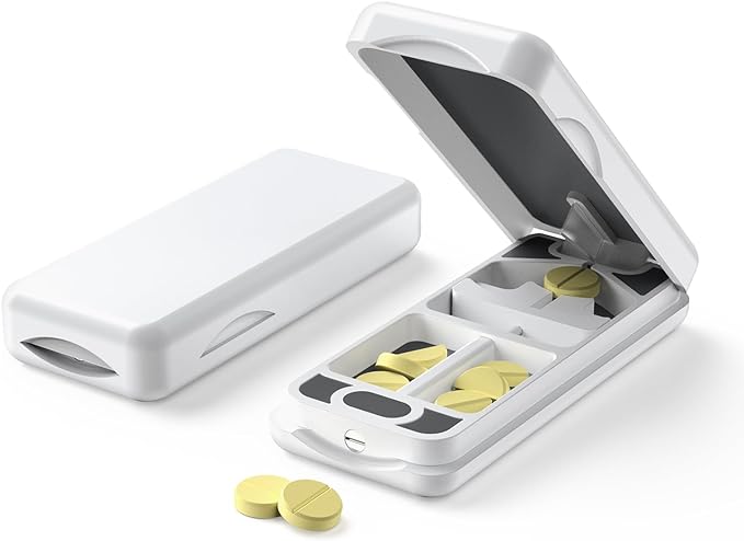 JEINAPA Pill Cutter with Auto Centering Device, Plastic Pill Splitter with 316L Stainless Blade, Genuine Leather Case, Professional Pill Splitter for Cutting Small Pills or Large Pills, White