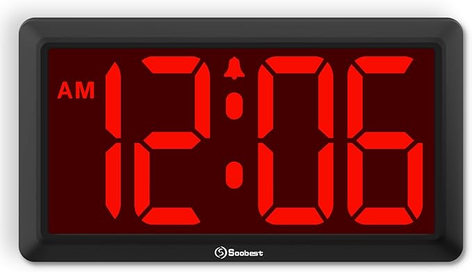 Soobest 9.5 Inch Large Digital Wall Clock Battery Operated, Auto & Manual Dimmer Display, Easy to Read Big Digits with Alarm for Seniors, Modern Decor for Living Room, Bedroom, Office (3.2" Numbers)
