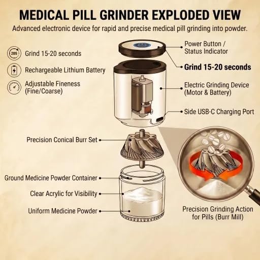 Portable Pill Crusher Grinder with Dual Electric/Manual Modes - Crushes Multiple Small & Large Pills to Fine Powder, Detachable Chamber, Easy Clean Design Ideal for Elderly for Medication,Vitamins