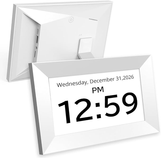 Santek] Large Digital Clock for Seniors - Easy-to-Read Display with Date & Time, Touch Screen, Loud Alarm - Wi-Fi Photo Frame with Weather & Calendar, Adjustable Brightness (White, 7")