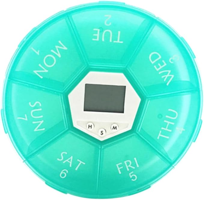 Compartments Electronic Medicine Reminder Box with Alarm Clock Portable Weekly Pill Organizer for Patients Green Easy-Read Day Labels See-Through Lids Daily Alarms to Prevent