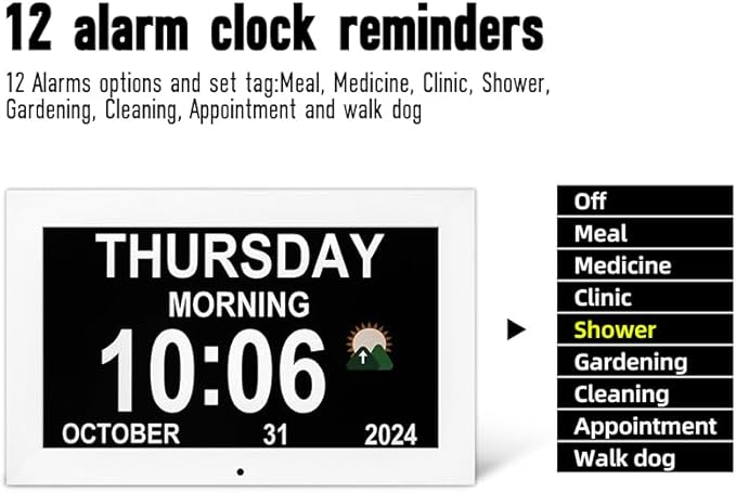 Digital Alarm Clock, Multiple Alarm Functions, Clock with Date and Day, Digital Alarm and Electronic Calendar for Seniors (White, 7 inch) (10-inch White)