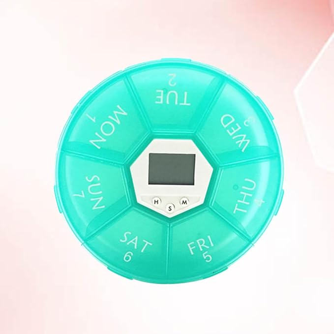 CLISPEED 7-Compartment Portable Pill Box with Electronic Alarm Clock, Taking Medicine Reminder Container for Patients, Green Weekly Medication Organizer for Travel and Daily Use