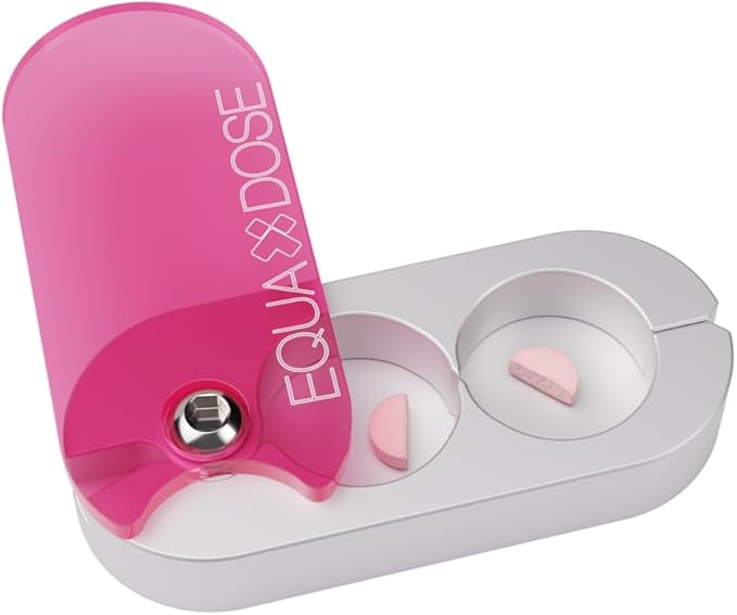 EQUADOSE Pill Splitter with Precision Aluminum Blades, Safely and Cleanly Cuts Small and Large Tablets, Vitamins, and Pills, Easy Tablet Divider for Accurate Medication Dosing, Pink
