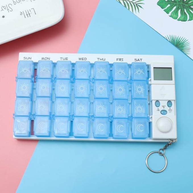 Fomiyes 7 Day Timed Medicine Box with Alarm Reminder 28 Grids Compartments Removable Timer Backlight Weekly Pill Organizer for Vitamins and Pills 7.48 * 4.13 * 0.98inch