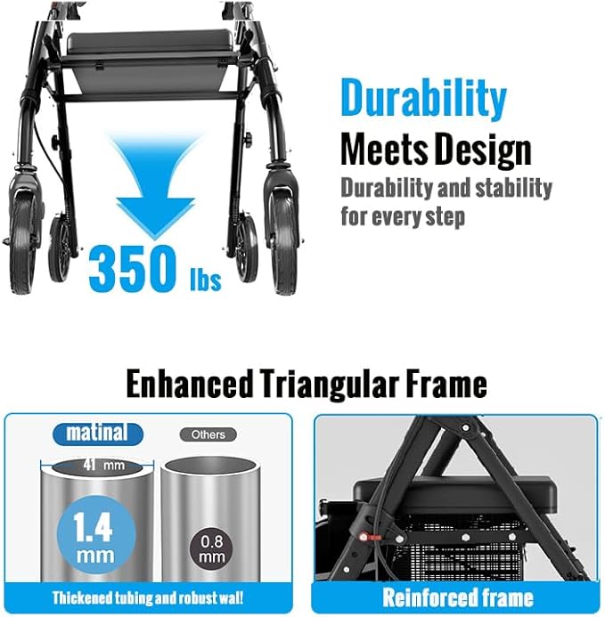 Foldable Rollator Walkers with Seat for Seniors, Lightweight Rollator Walker with 8" Big Wheels, Height Adjustable Ergonomic Rolling Walker Seat, Aluminum and Carbon Steel (Black)
