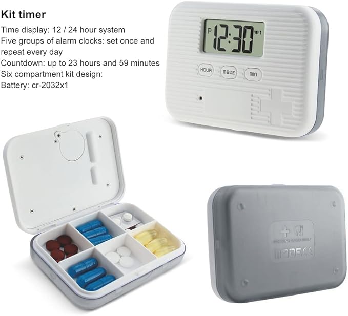 Dispenser with Alarm Electronic Organizer with LCD Display 6 Compartments Reminder Outdoor Portable Mini Box with Alarm (Gray)