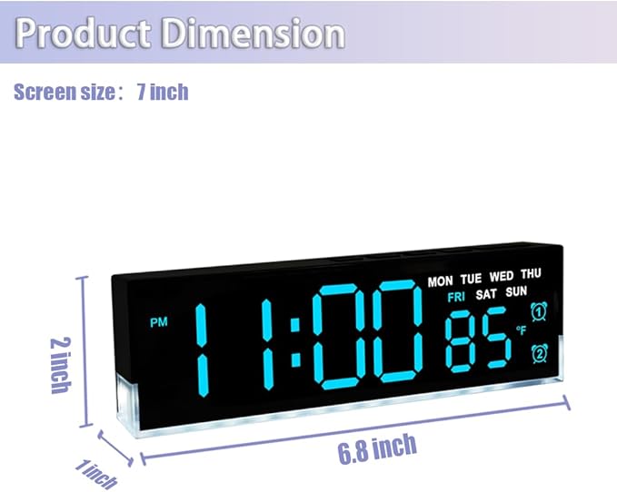JENLYSTIME 7 Inch LED Digital Alarm Clock with Dual Alarms & Bottom Glow｜Displays Time, Date, Day, Temperature｜3-Level Auto/Manual Brightness, DST, USB or Battery Powered Modern Desk Clock (Blue)