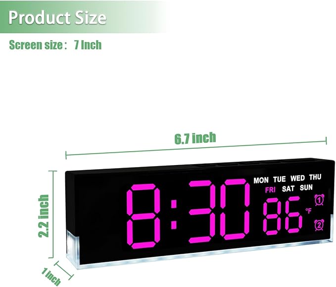 45MinST 7-Inch LED Digital Alarm Clock with Bottom Glow Light｜Displays Time, Date, Day, Temperature ｜Dual Alarms, DST,Auto/Manual 3-Level Brightness,Battery or USB Powered Desk Clock,Rose Red