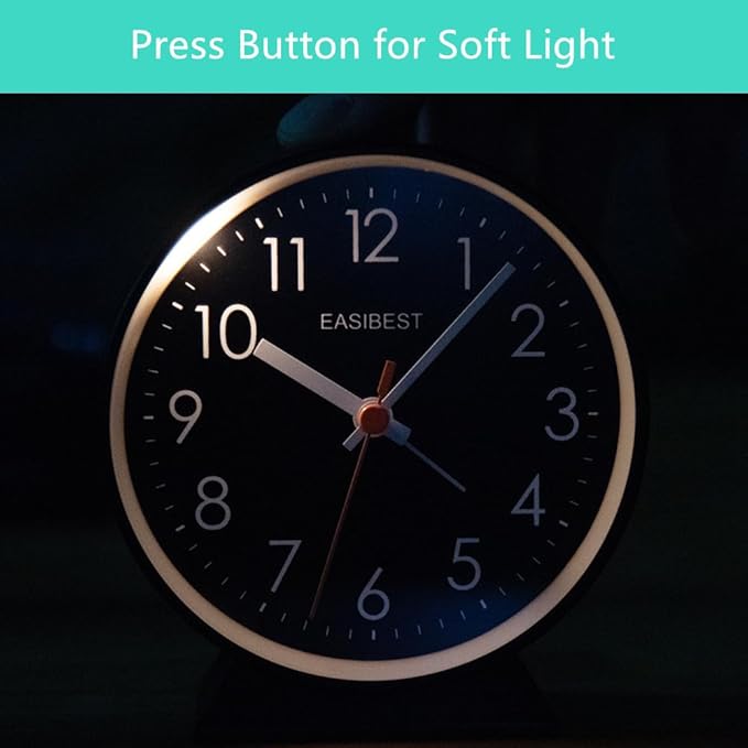 No Ticking Silent Alarm Clock,Easy to Read and Use,Ascending Sound,1 AA Battery Operated,Snooze Light,Bedside Desk Clock,Black