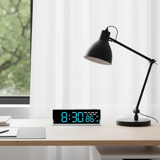 45MinST 7-Inch LED Digital Alarm Clock with Bottom Glow Light｜Displays Time, Date, Day, Temperature｜Dual Alarms, DST, Auto/Manual 3-Level Brightness, Battery or USB Powered Desk Clock,Blue
