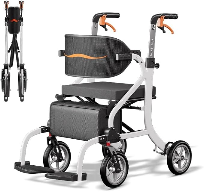 2-in-1 Walker and Transport Wheelchair Combo, Lightweight Foldable Mobility Rollator Chair for Seniors, Pre-Assembled 17 lbs Travel Chair with 8" All-Terrain Wheels, Support 330 lbs