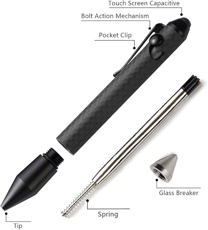 Cool Hand 4.5'' Bolt Action Pen with Stylus for Touchscreen, Rocket Style Carbon Fiber Body, Ballpoint Pen w/Pocket Clip, Classic Black