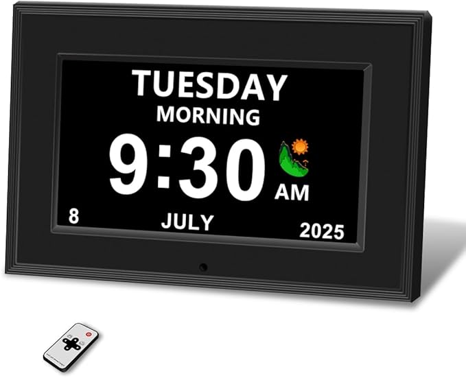 Digital Alarm Clock for Seniors - No-Abbreviation Date HD Display Auto Dimming Photo Frame DST Adjustment, Ideal Gift for Elders (7inch Black)