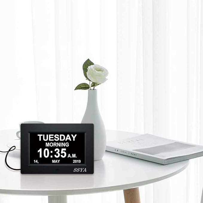 SSYA 7 Inch Calendar Clock - 12 Alarm Options, Level 5 Auto Dimmable Display,Extra Large Impaired Vision Digital Clock with Non-Abbreviated Day & Month (Black)