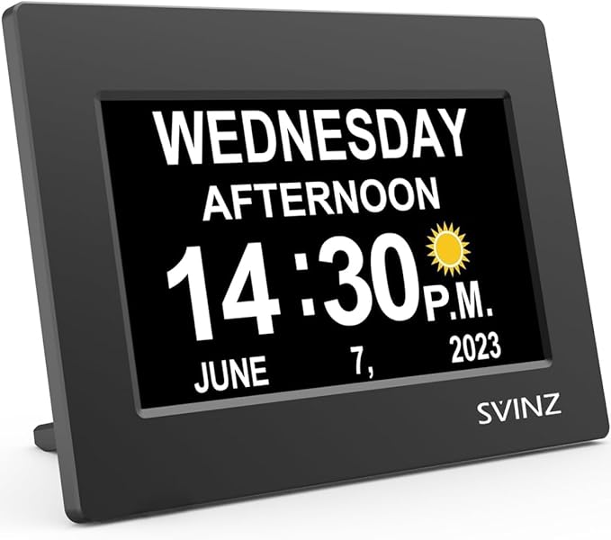 SVINZ Dementia Clock for Seniors, Large Number Digital Calendar Clock with Date and Day of Week for Elderly Alzheimer, 20 Custom Alarms and Tags