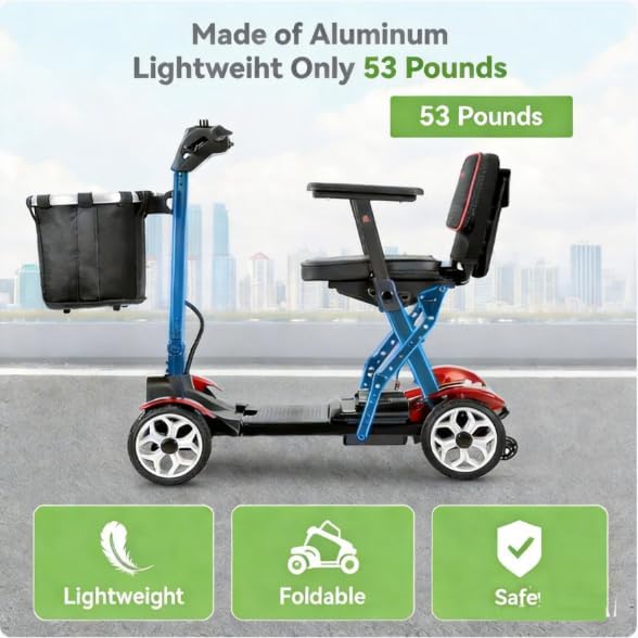 (2026 Upgrade) Lightweight Mobility Scooter for Seniors & Adults, Folding Mobility Scooters, Light Weight 24.8 Miles Trave Foldable 4 Wheeler, Removable Lithium Battery, 300lb Capacity-Gloss Red