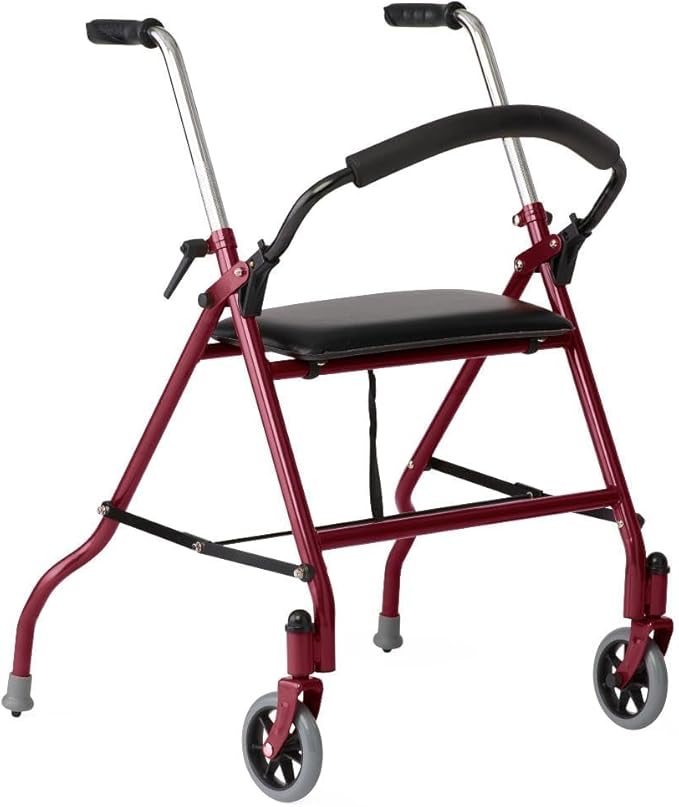 Medline 2-Wheel Rollator Walker, for Adults and Seniors, 300 lb. Weight Capacity, Burgundy, 5-Inch Wheels, Padded Seat, Foldable, Adjustable Handles, Pressure-Activated Brakes