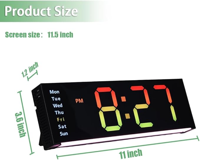 11-Inch LED Wall Clock with RGB Flowing Light, Large Digital Display for Date, Time, Temperature｜Easy to Read, Dual Alarms, Remote Control｜Modern Décor for Home, Kitchen, Living Room, Office, Yoga