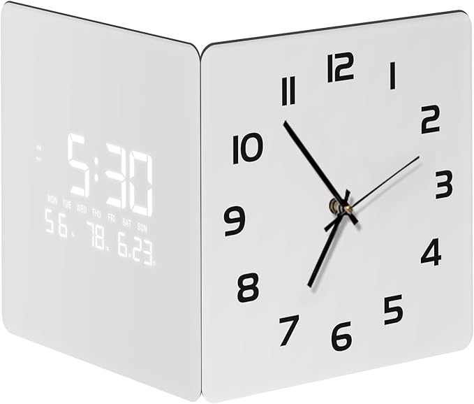 12'' Double Sided 90° Corner Wall Clock, Minimalist White, Radar Motion Activated, Analog & LED Display with Temp Humidity Date Day, Silent Non-Ticking Plug-in for Bedroom Office