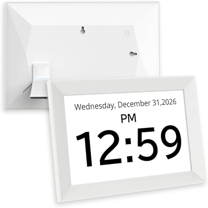 Santek] Large Digital Clock for Seniors - Easy-to-Read Display with Date & Time, Touch Screen, Loud Alarm - Wi-Fi Photo Frame with Weather & Calendar, Adjustable Brightness (White, 10.1")