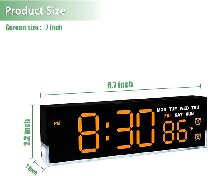 45MinST 7-Inch LED Digital Alarm Clock with Bottom Glow Light｜Displays Time, Date, Day, Temperature｜Dual Alarms, DST, Auto/Manual 3-Level Brightness, Battery or USB Powered Desk Clock,Orange