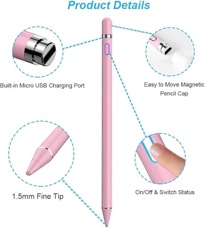 DOGAIN Active Stylus Pen for Touchscreen, iPad Pencil 1.5mm Fine Point Pen, Digital Pens Rechargeable for Tablet, Stylus Pens Compatible with iPad Air/Mini/Pro/Android/iPhone and Most Device - Pink