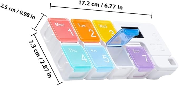 Ciieeo Weekly Electronic Pill Organizer with 7 Compartments, Portable Compact Medicine Case with Removable Boxes and Timed Alarm Reminder, Sealed Storage for Daily Vitamins and