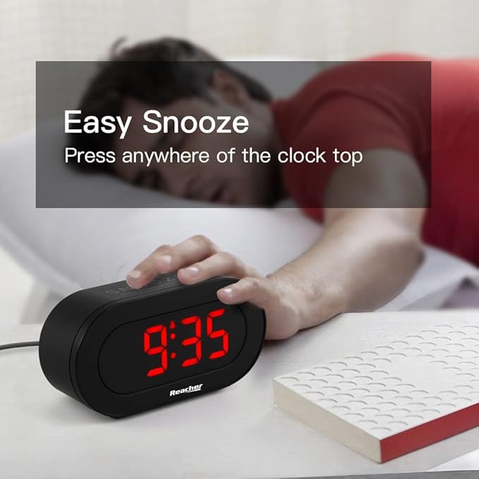REACHER Small LED Digital Alarm Clock with Simple Operation, Full Range Brightness Dimmer, USB Phone Charger Port, Easy Snooze, Adjustable Alarm Volume, Outlet Powered for Bedrooms Bedside(Black)