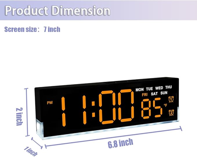 JENLYSTIME 7 Inch LED Digital Alarm Clock with Dual Alarms & Bottom Glow｜Displays Time, Date, Day, Temperature ｜3-Level Auto/Manual Brightness, DST, USB or Battery Powered Modern Desk Clock (Orange)