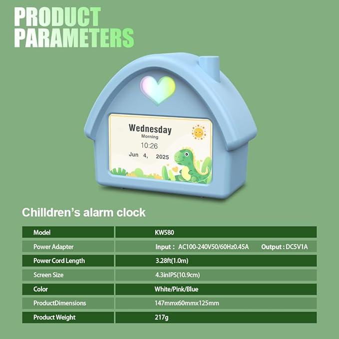 Kids Alarm Clock with 4.3'' HD Digital Screen, Calendar Countdown Ambient Lighting White Noise Remote Control Function Perfect for Kids