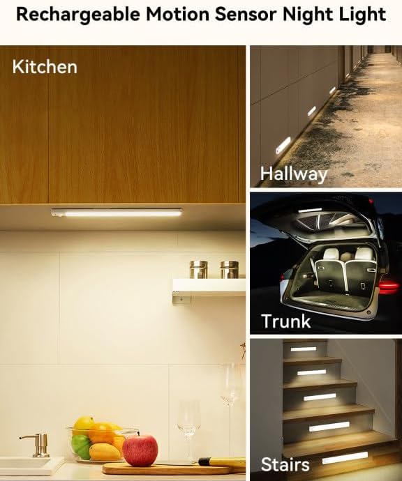 12-Pack 12-Inch Under Cabinet Lighting with 2 charging station Rechargeable Motion Sensor Light Indoor 3 Color Dimmable Closet Light,USB Stick LED Magnetic Under Counter Lights for Kitchen Stair