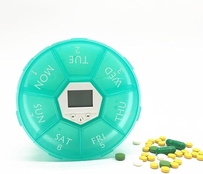 CLISPEED 7-Compartment Portable Pill Box with Electronic Alarm Clock, Taking Medicine Reminder Container for Patients, Green Weekly Medication Organizer for Travel and Daily Use