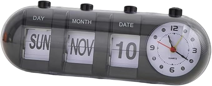 Flip Clock, Manual Jump Desktop Clocks with Date Retro Table Clock Non Ticking Calendar Alarm Clocks, Month, Day of Week Display(Black)