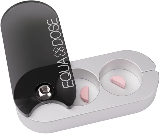EQUADOSE Pill Splitter with Precision Aluminum Blades, Safely and Cleanly Cuts Small and Large Tablets, Vitamins, and Pills, Easy Tablet Divider for Accurate Medication Dosing, Black